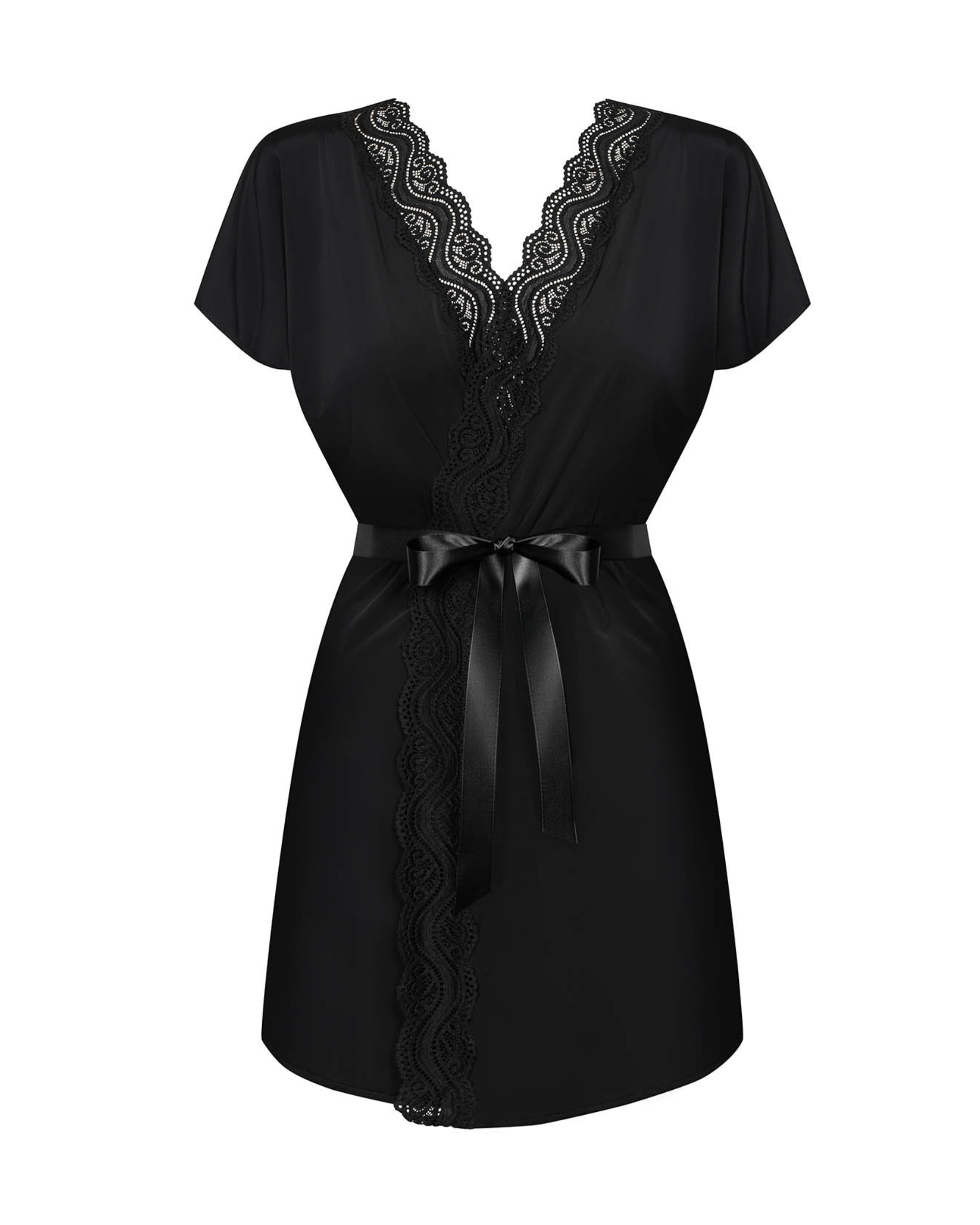 Elegant peignoir with smooth fabric and lace-up edges, designed to highlight curves and offer sensuality and comfort. Perfect for a daring yet refined look