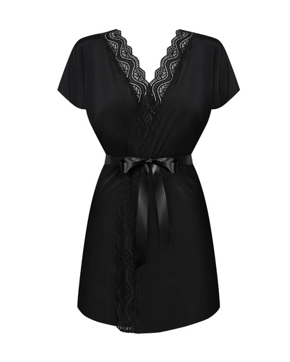 Elegant peignoir with smooth fabric and lace-up edges, designed to highlight curves and offer sensuality and comfort. Perfect for a daring yet refined look